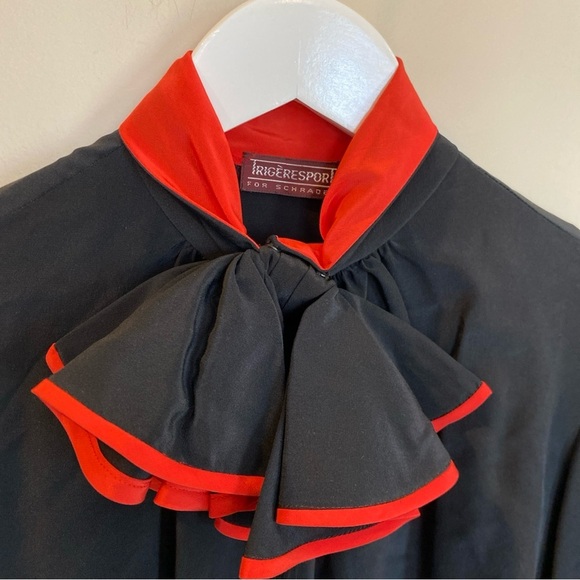 Trigeresport For Schrader 100% Silk Black Long Sleeve Top Red Ruffle Accents - Picture 2 of 6